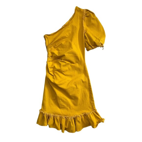 Jonathan Simkhai One Shoulder Denim Ruffle Mini Dress 10 Yellow Asymmetric‎ - Picture 3 of 16